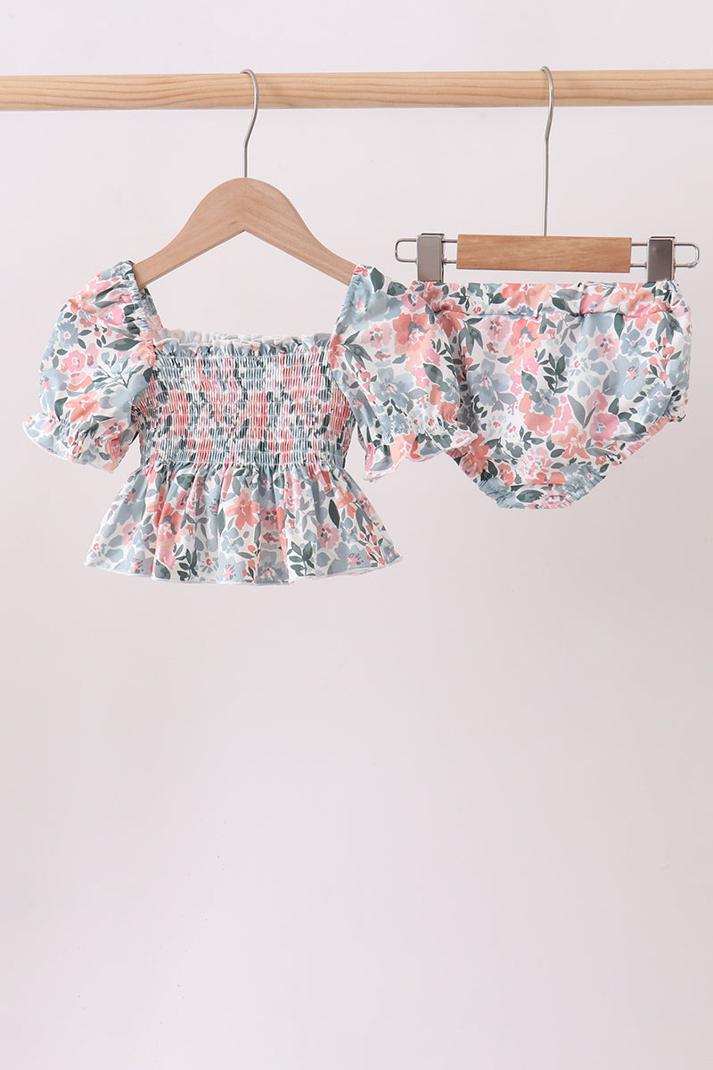 Pink Floral Smocked UPF 2-Piece Girls Swim Set