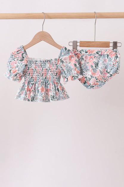 Pink Floral Smocked UPF 2-Piece Girls Swim Set
