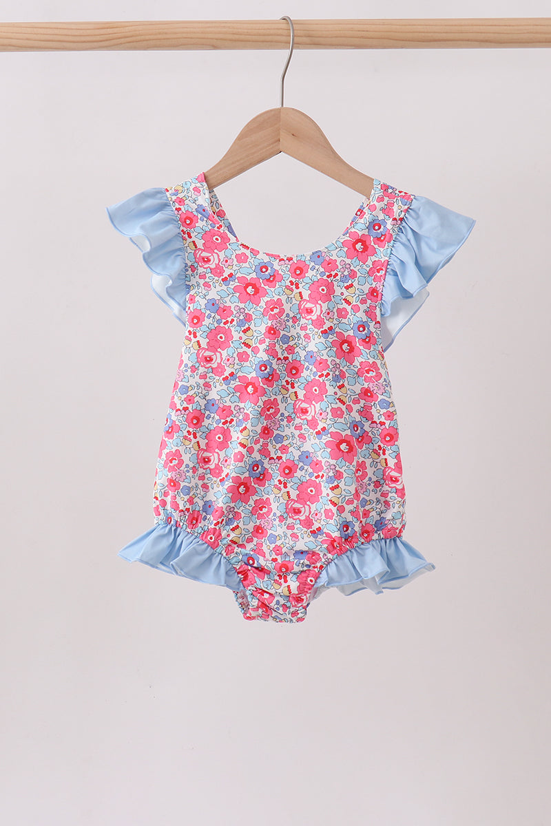 Pink Floral UPF One-Piece Girls Swimsuit