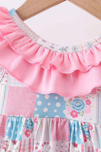 Pink Patchwork Floral Ruffle Baby Girl Bloomer Set