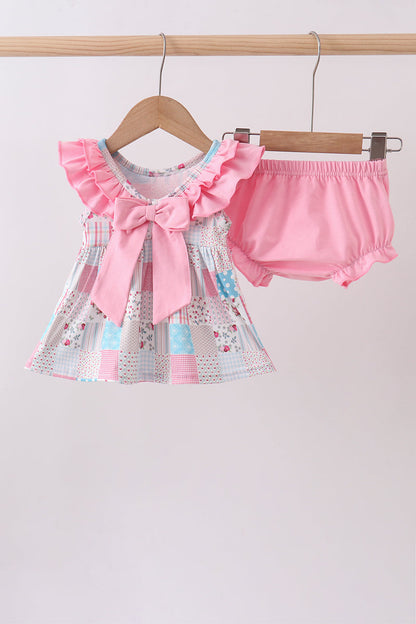 Pink Patchwork Floral Ruffle Baby Girl Bloomer Set