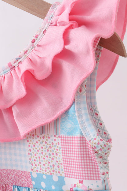 Pink Patchwork Floral Ruffle Girls Dress