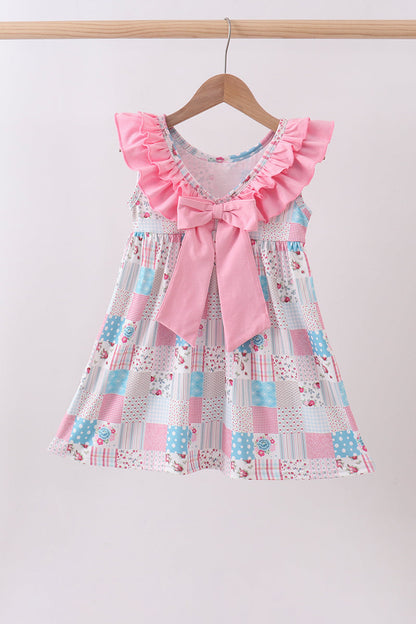 Pink Patchwork Floral Ruffle Girls Dress