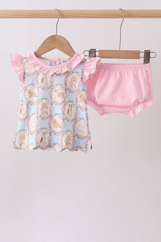 Pink Puppy Floral Ruffle Baby Girl Bloomer Set