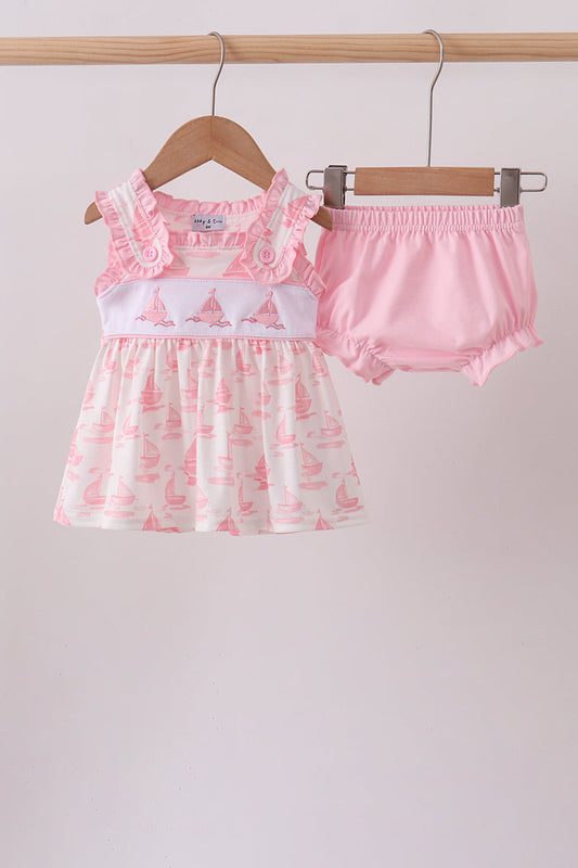 Pink Sailboat Embroidered Knit Baby Girl Bloomer Set