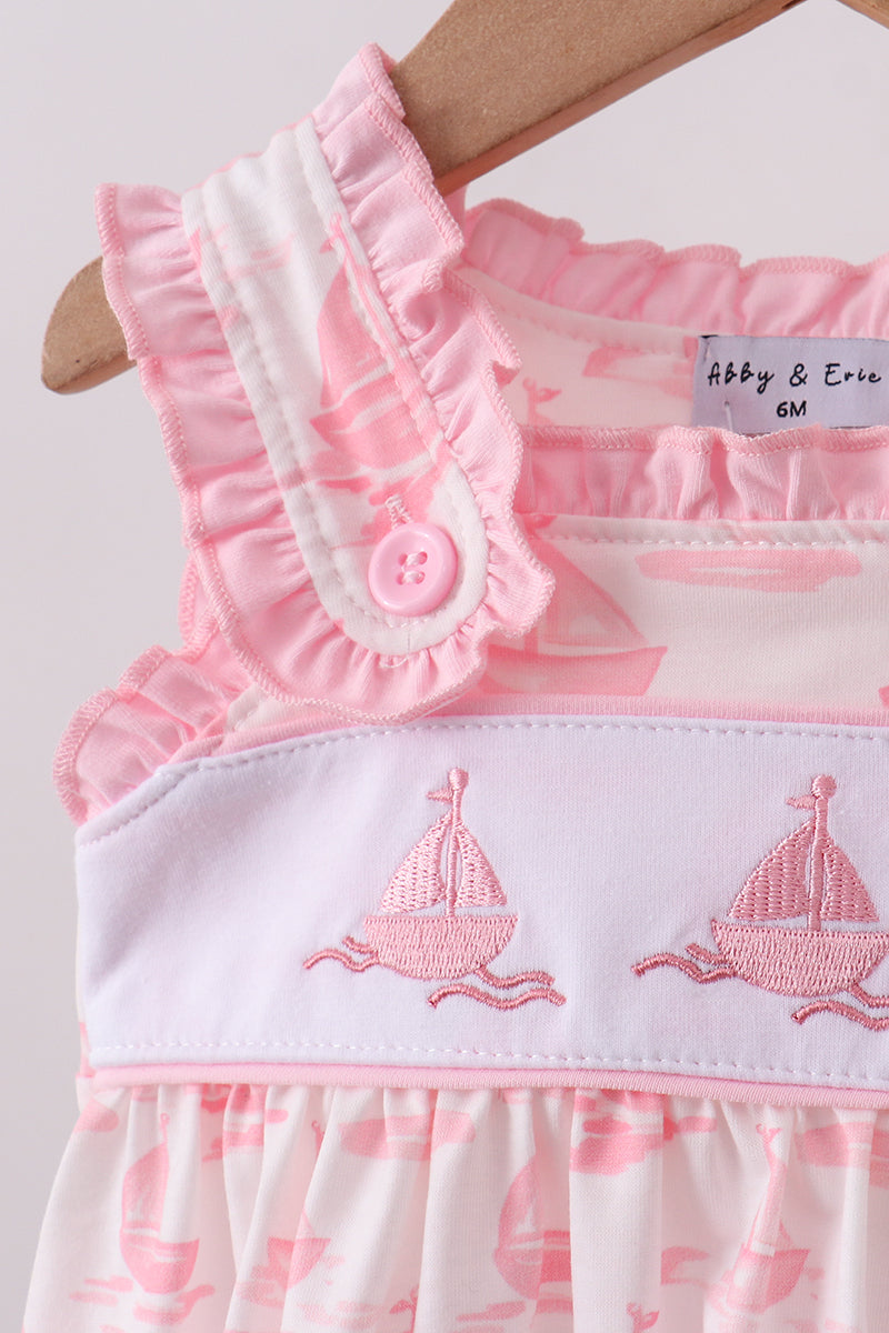Pink Sailboat Embroidered Knit Baby Girl Bloomer Set