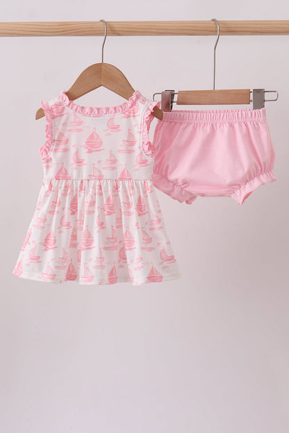Pink Sailboat Embroidered Knit Baby Girl Bloomer Set