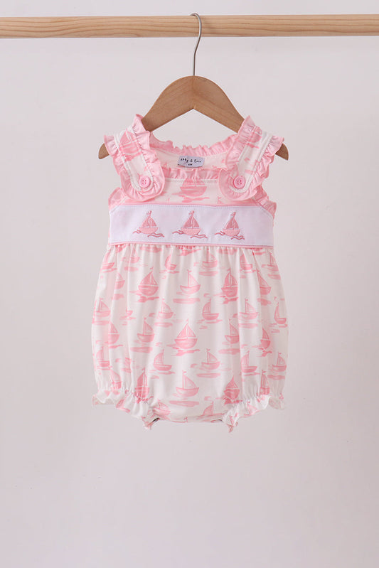Pink Sailboat Embroidered Knit Baby Girl Bubble
