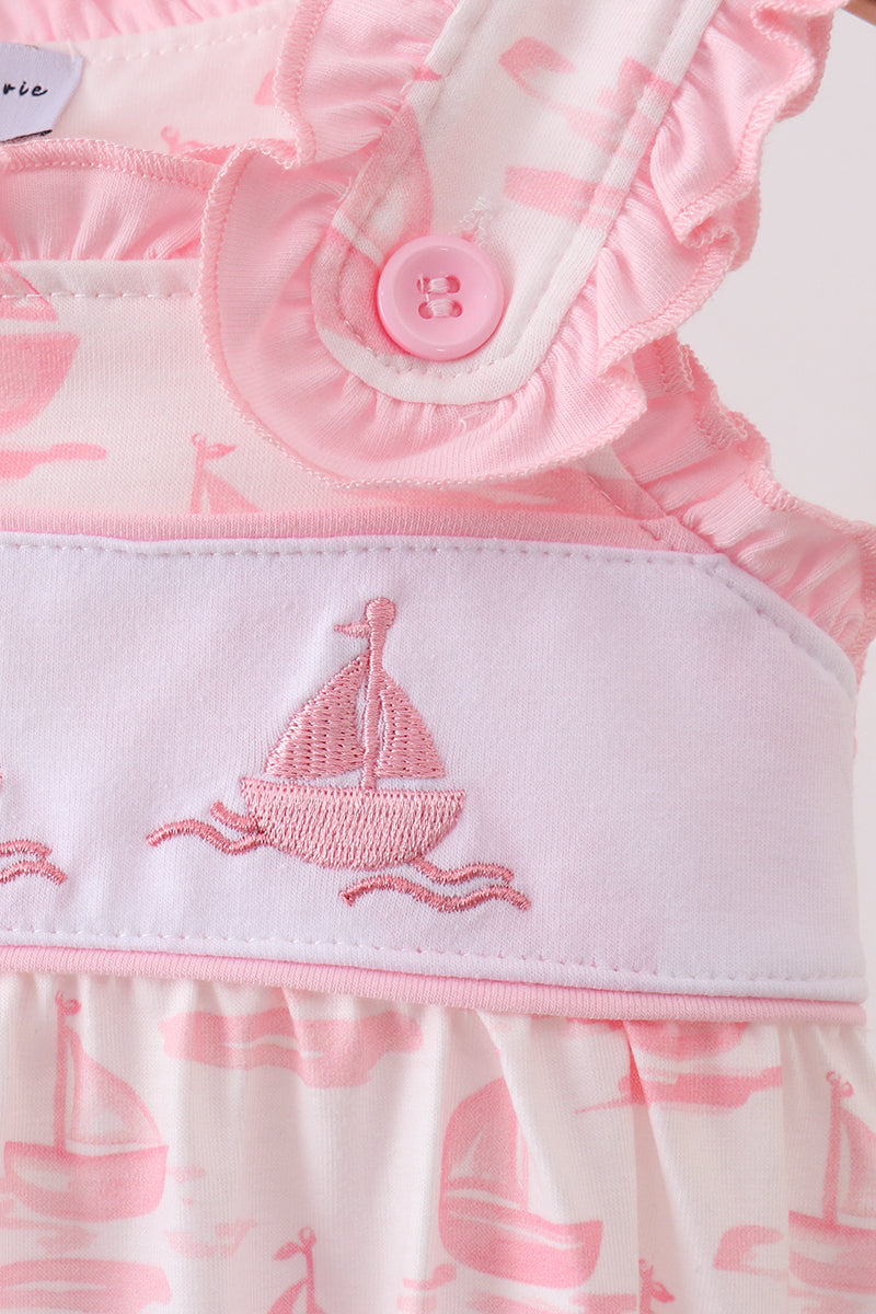 Pink Sailboat Embroidered Knit Baby Girl Bubble