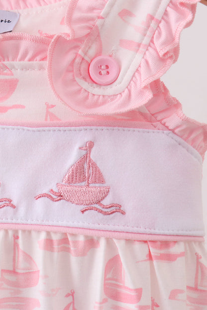 Pink Sailboat Embroidered Knit Baby Girl Bubble