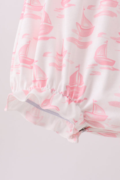 Pink Sailboat Embroidered Knit Baby Girl Bubble