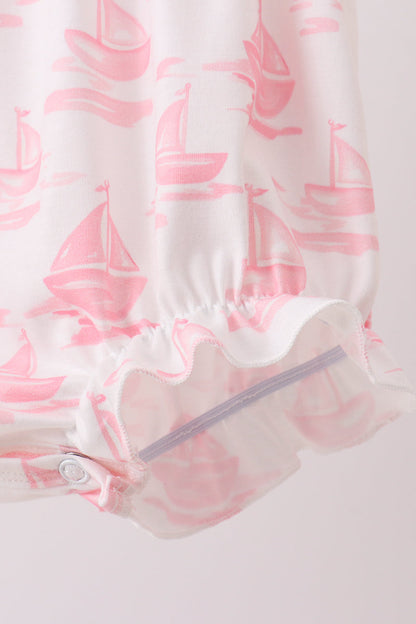 Pink Sailboat Embroidered Knit Baby Girl Bubble