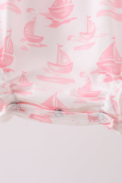 Pink Sailboat Embroidered Knit Baby Girl Bubble