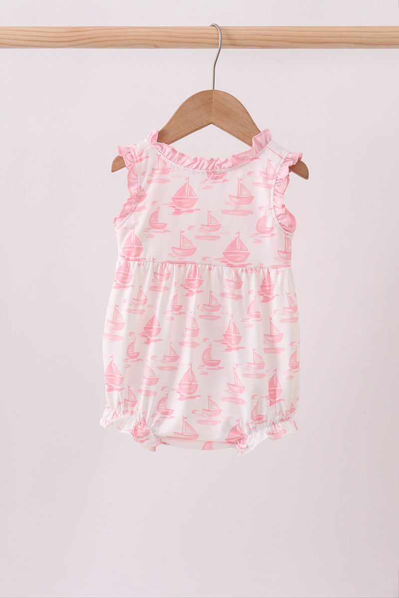 Pink Sailboat Embroidered Knit Baby Girl Bubble
