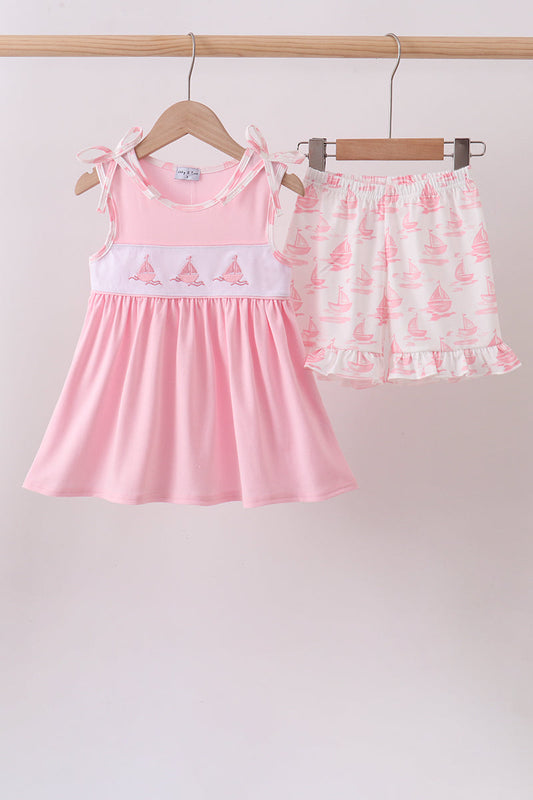 Pink Sailboat Embroidered Knit Girls Set