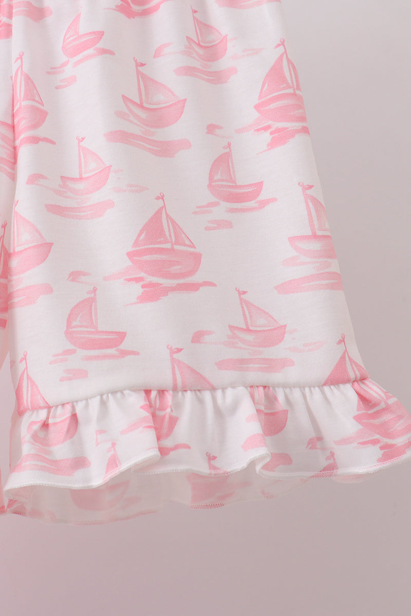 Pink Sailboat Embroidered Knit Girls Set
