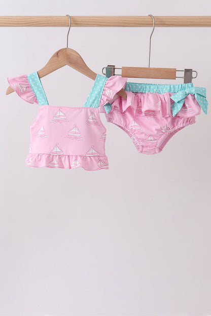 Pink Sailboat Print Ruffle 2-Piece Girls Swimsuit