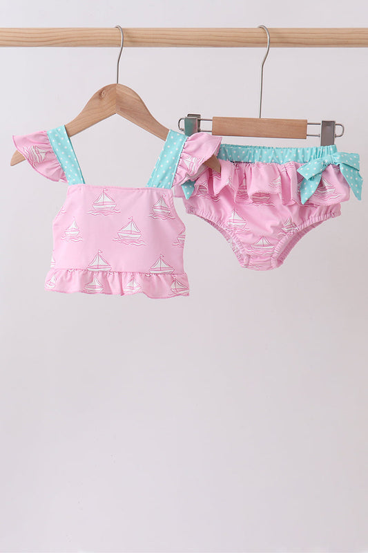 Pink Sailboat Print Ruffle 2-Piece Girls Swimsuit