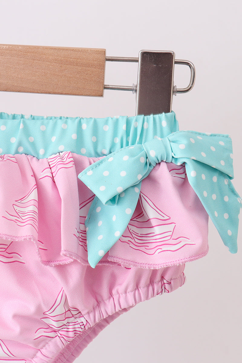 Pink Sailboat Print Ruffle 2-Piece Girls Swimsuit