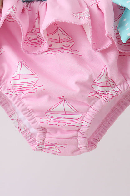 Pink Sailboat Print Ruffle 2-Piece Girls Swimsuit
