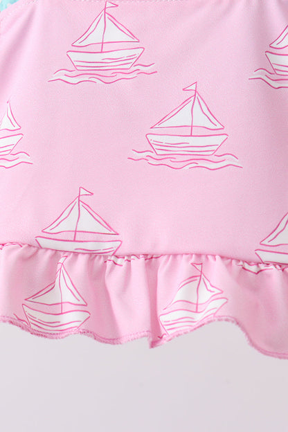 Pink Sailboat Print Ruffle 2-Piece Girls Swimsuit