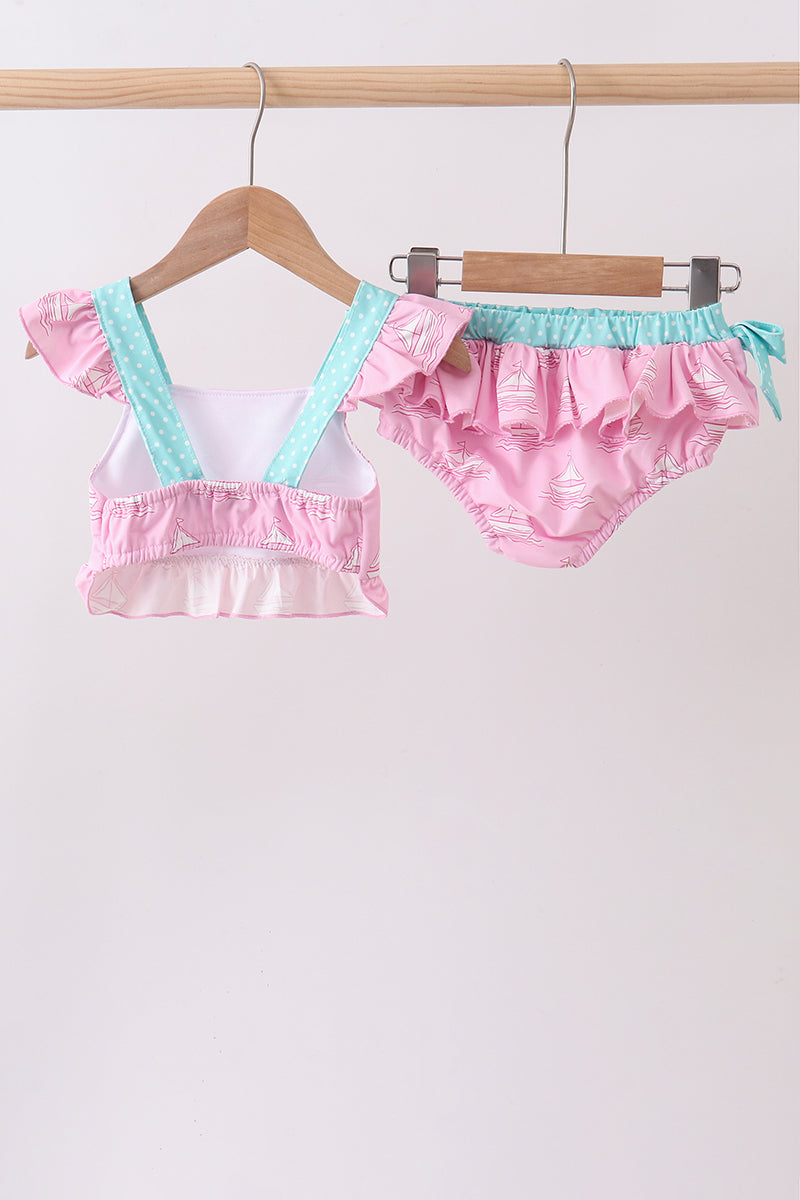Pink Sailboat Print Ruffle 2-Piece Girls Swimsuit