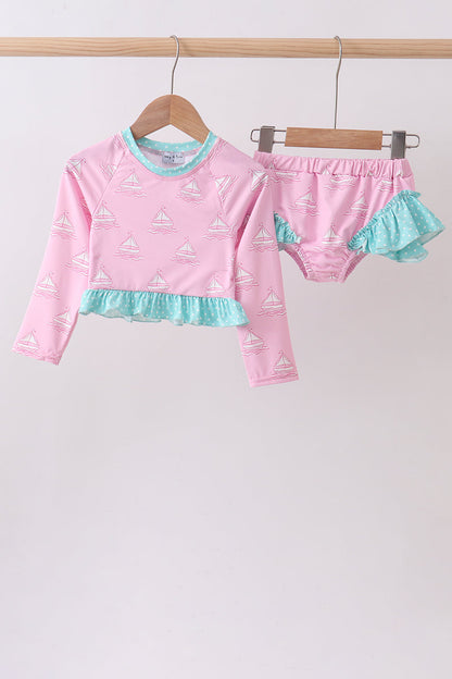 Pink Sailboat Print Ruffle Rashguard Set for Girls