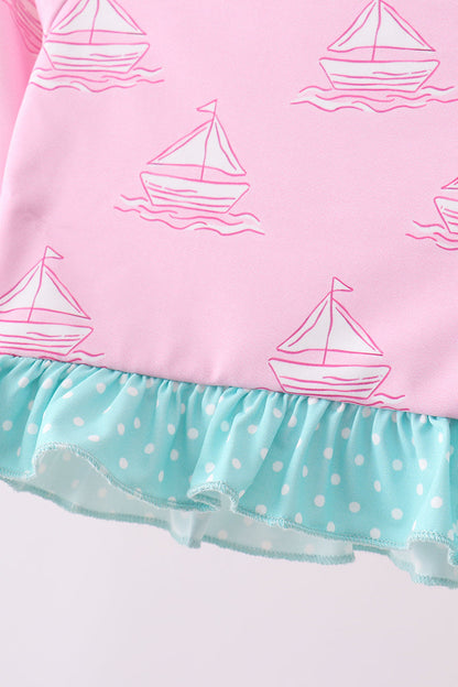 Pink Sailboat Print Ruffle Rashguard Set for Girls