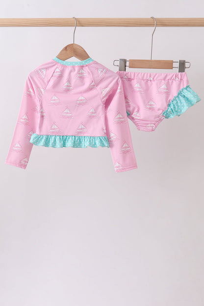 Pink Sailboat Print Ruffle Rashguard Set for Girls