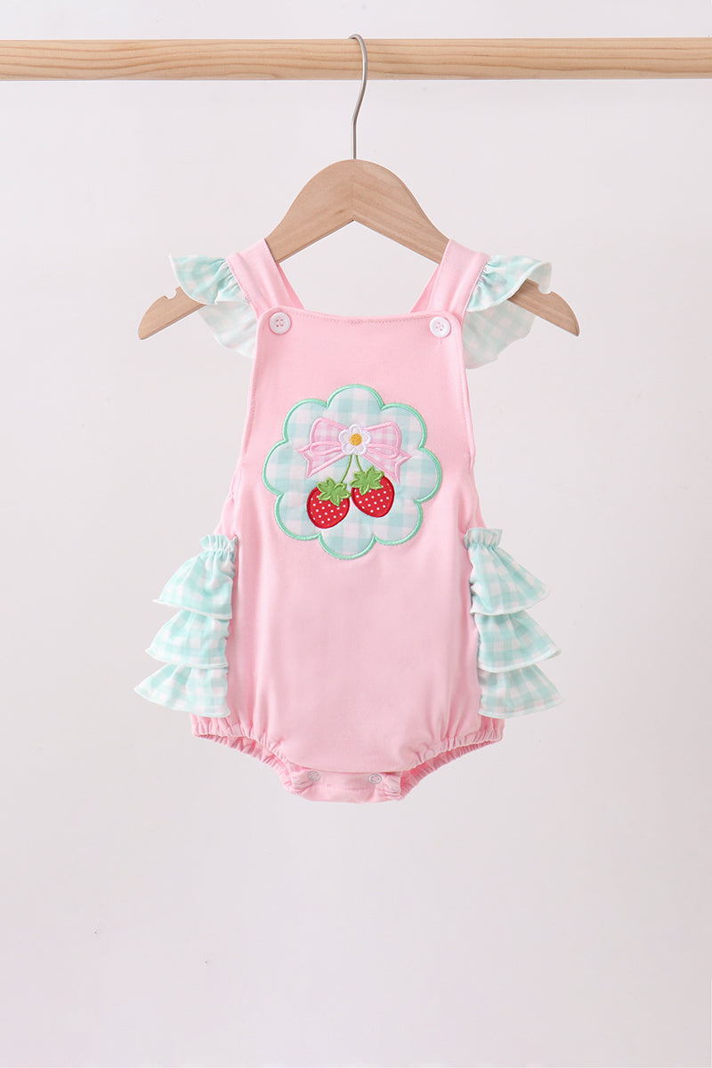 Pink Strawberry Appliqué Knit Baby Girl Bubble