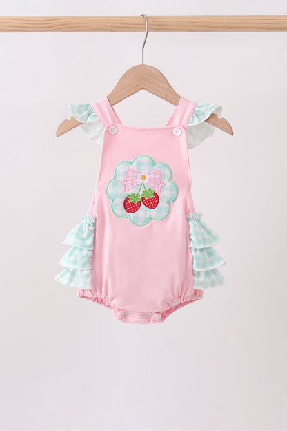 Pink Strawberry Appliqué Knit Baby Girl Bubble