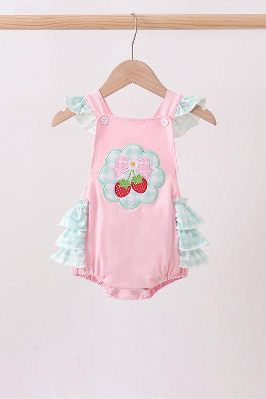 Pink Strawberry Appliqué Knit Baby Girl Bubble
