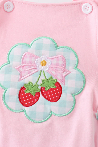 Pink Strawberry Appliqué Knit Baby Girl Bubble