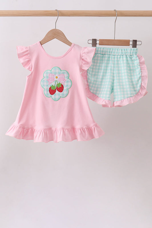 Pink Strawberry Appliqué Knit Girls Set