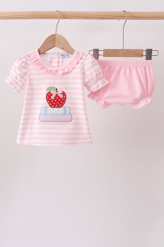 Pink Stripe Apple Book Appliqué Baby Bubble Set