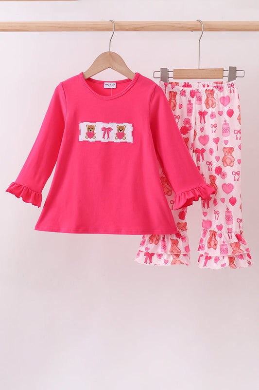 Pink bear embroidery ruffle pants girl outfit set