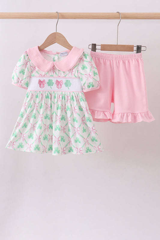 Pink bows & clover girl embroidery shorts set