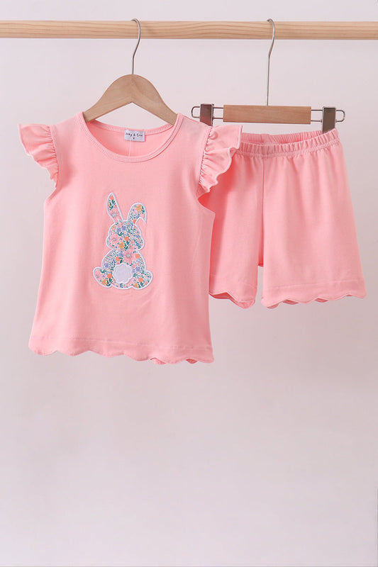 Pink bunny applique ruffle girl shorts set