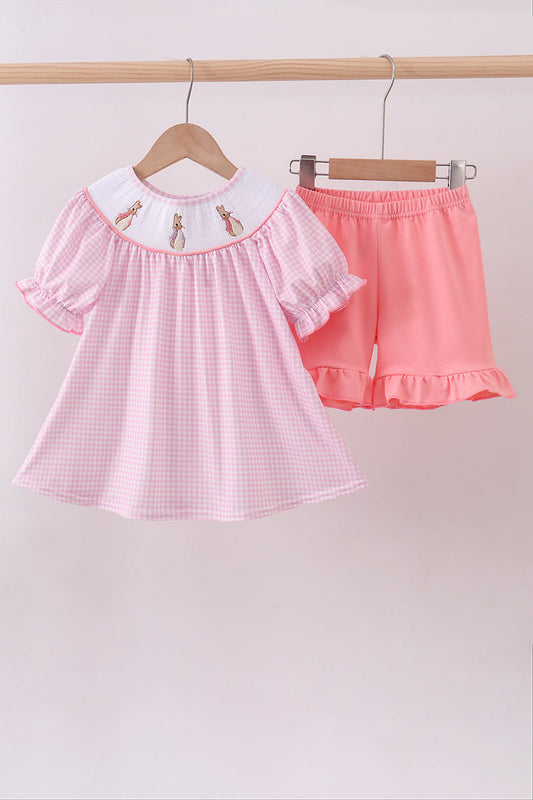 Pink bunny embroidery ruffle shorts set