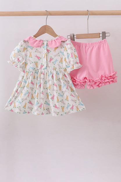 Pink bunny smocked ruffle shorts set