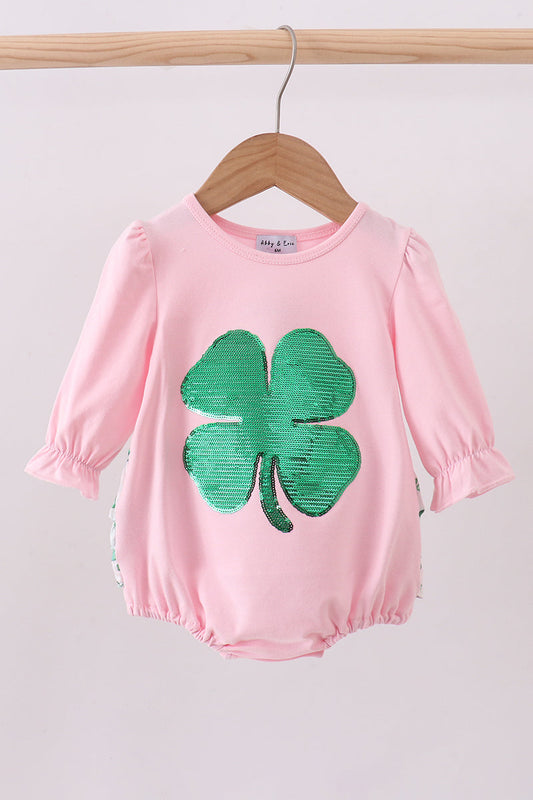 Pink clover glitter baby girl ruffle bubble