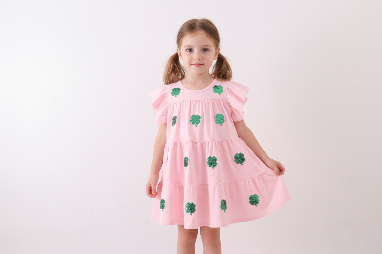Pink clover sequin ruffle girl's dress