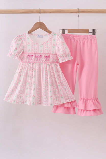 Pink floral bow smocked ruffle girl pants set