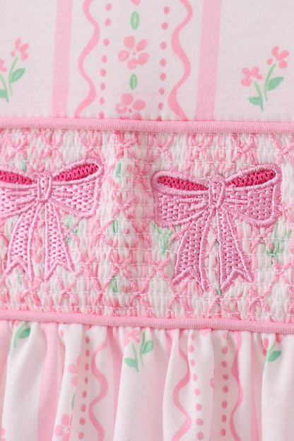 Pink floral bow smocked ruffle girl pants set