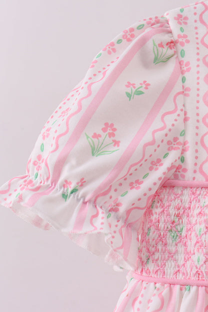 Pink floral bow smocked ruffle girl pants set