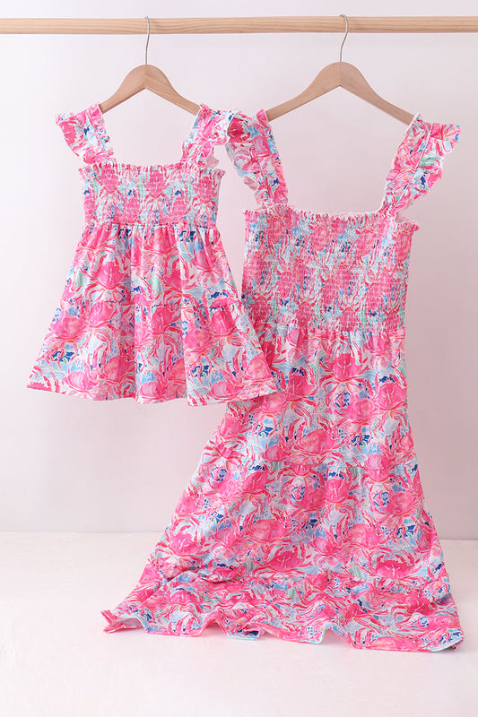 Pink floral smocked ruffle mom & me tiered dress