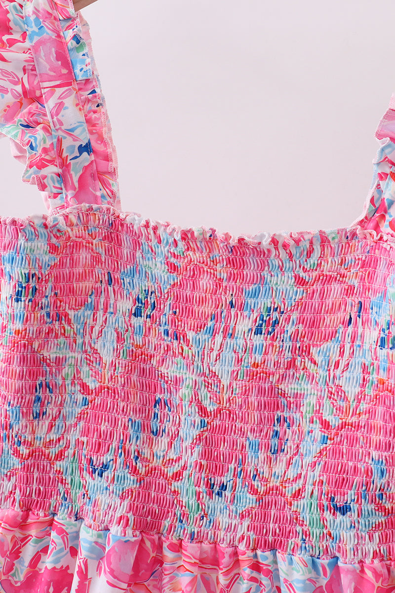 Pink floral smocked ruffle mom & me tiered dress