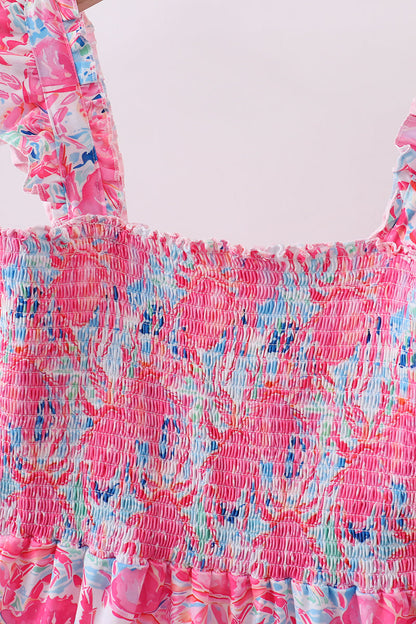Pink floral smocked ruffle mom & me tiered dress