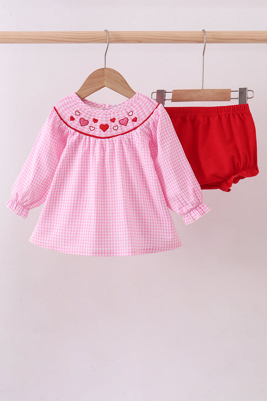 Pink hearts smocked girl gingham bloomer set