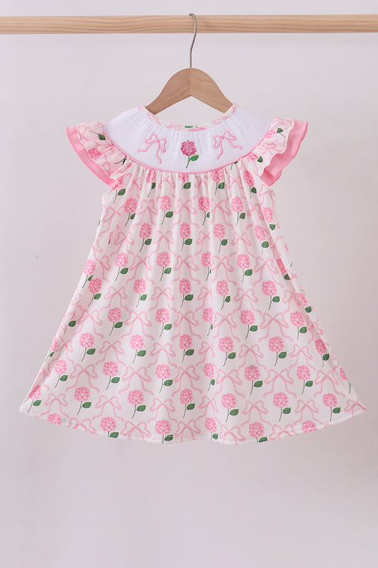 Pink hydrangea bow girl smocked dress